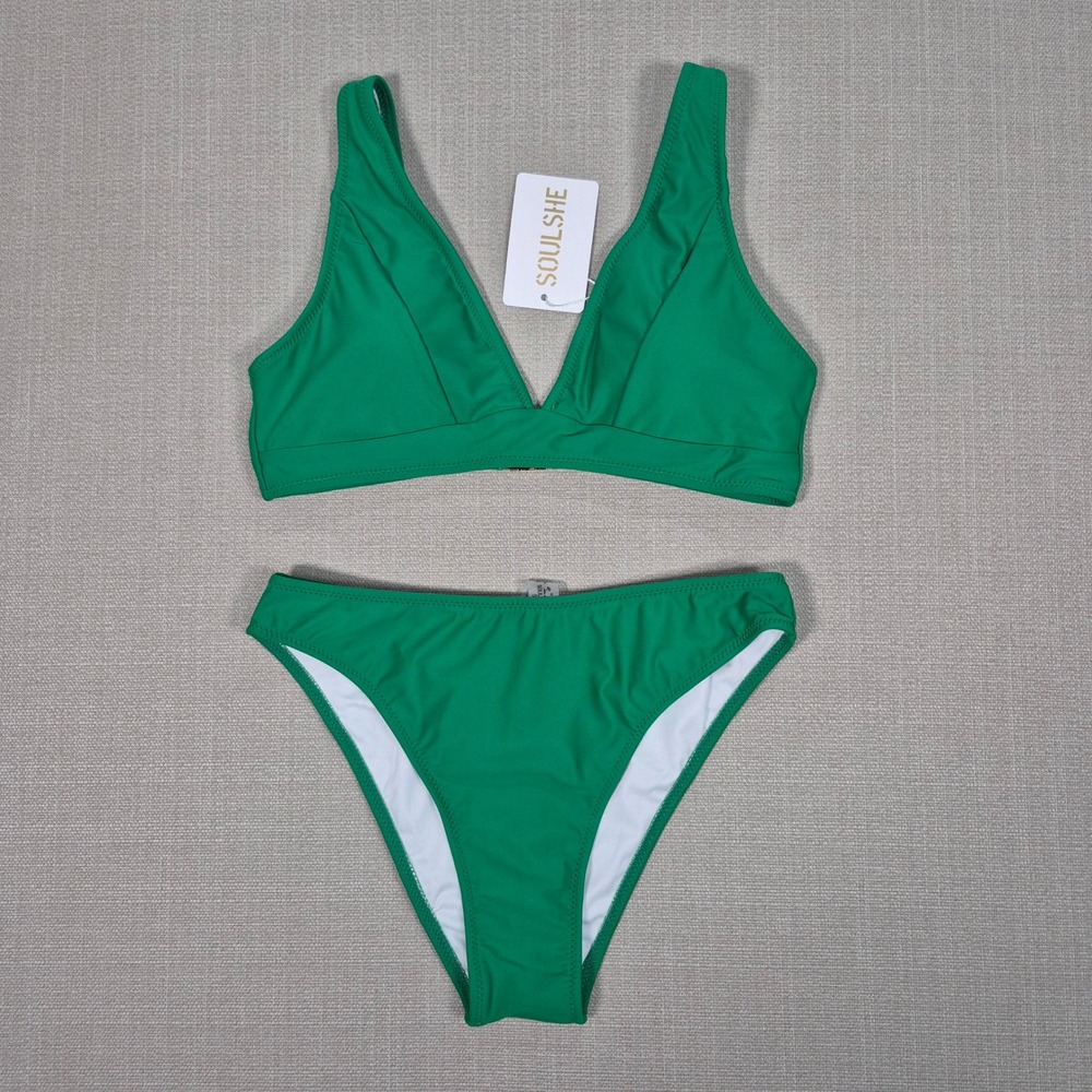 SOULSHE Womens Green V Neck Bikini Set Two Piece Swimsuit New Size S